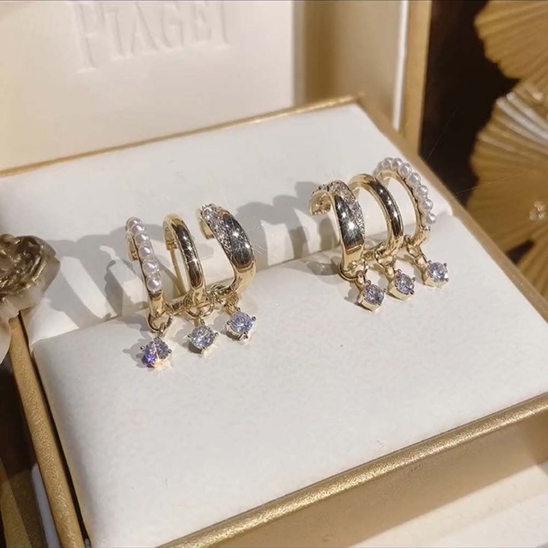 Anting Stud Zircon Mutiara Berlian Imitasi Multilayer Gaya Korea Untuk Wanita