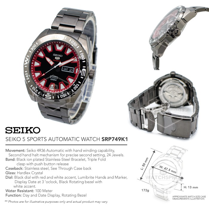 Seiko 5 Sports SRP749K1 Automatic Black-Red Dial | Jam Pria SRP749