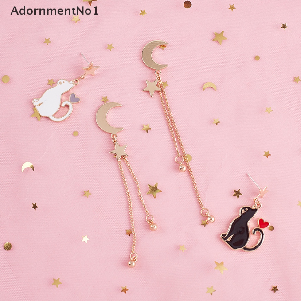 (AdornmentNo1) Anting Tusuk Asimetris Motif Kucing + Bulan + Bintang Untuk Perhiasan Wanita