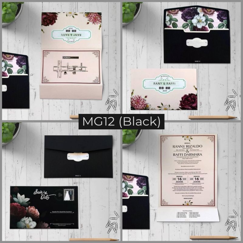 SAMPLE CONTOH UNDANGAN PERNIKAHAN AMPLOP HITAM MOTIF BUNGA NARCRAFT