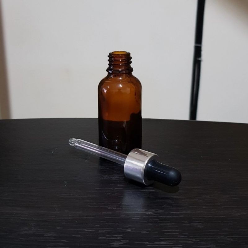 botol kaca pipet 30ml coklat / amber tebal - ring almunium silver