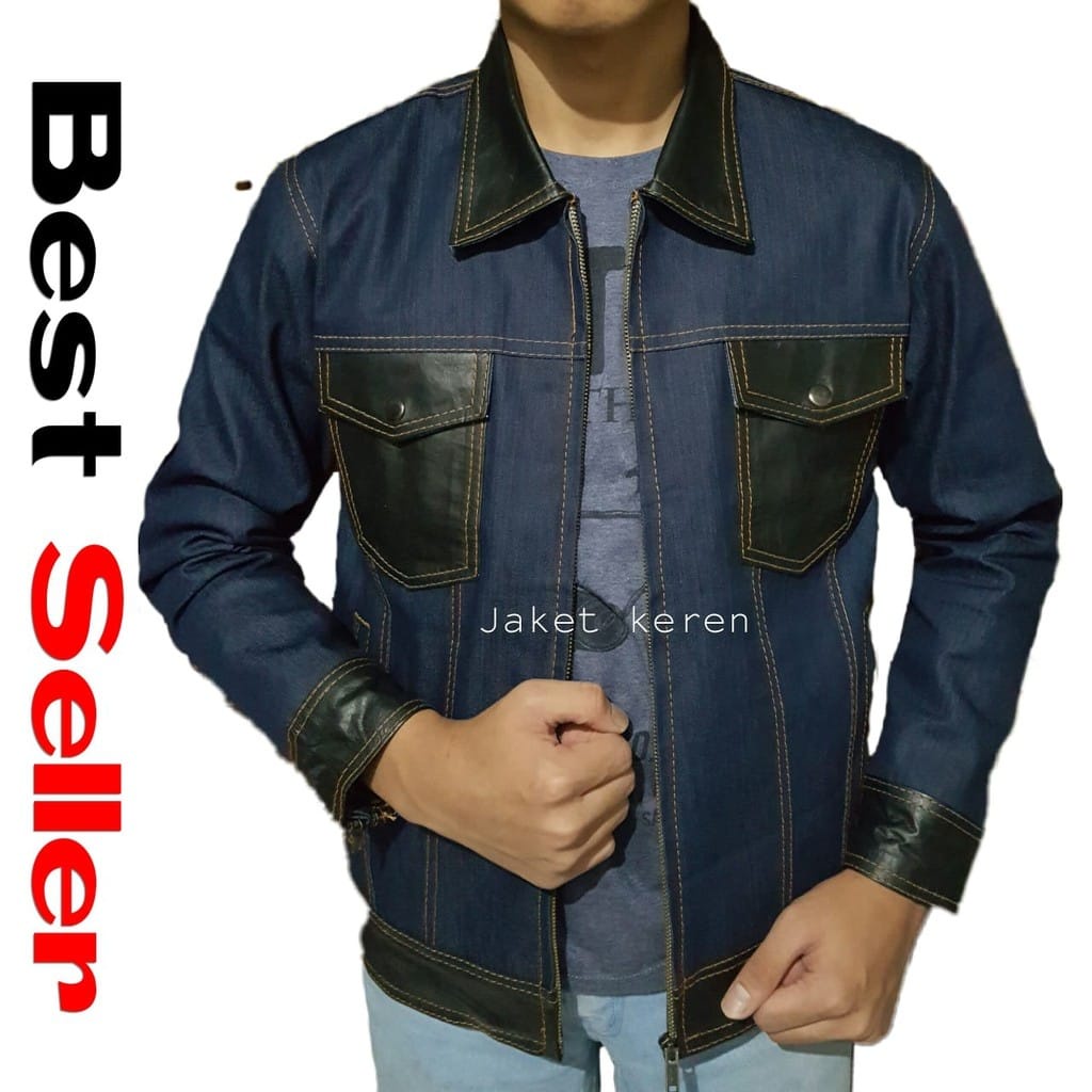 Jaket pria levis jeans kombinasi kulit keren