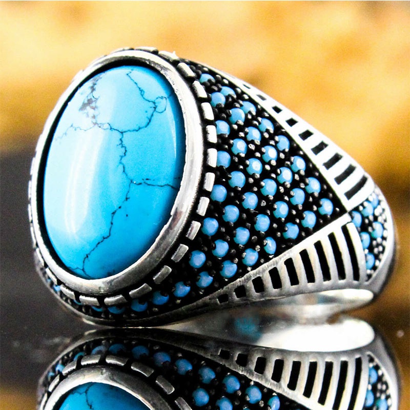 Cincin Bahan Titanium Steel Warna Silver Hias Mutiara Turquoise Gaya Vintagepunk Untuk Pria