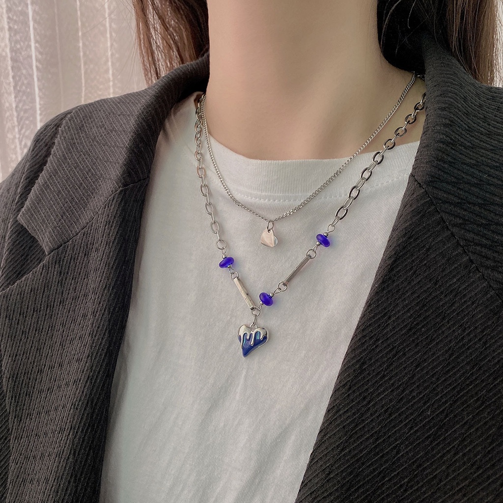 Kalung Cinta Kristal Biru Baru Fashion Kalung Wanita Berlapis Ganda