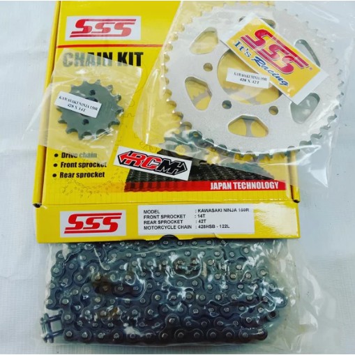 CHAIN KIT GER GIR GEAR SET NINJA 150R R 2T 2TAK UK DPN 14T 14 BLKNG 42T 42 RANTAI 428HSB - 122L 428X122L 428 428X14 428X42 ORI ORIGINAL SSS RACING ASLI