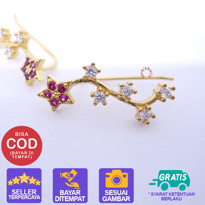 Lovelybutik Anting Xuping Emas Perhiasan Fashion Wanita Anting Wanita Korea Jepit Bunga Permata