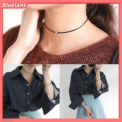 Kalung Choker Bahan Kulit Imitasi Aksen Manik-Manik Bulat Untuk Wanita