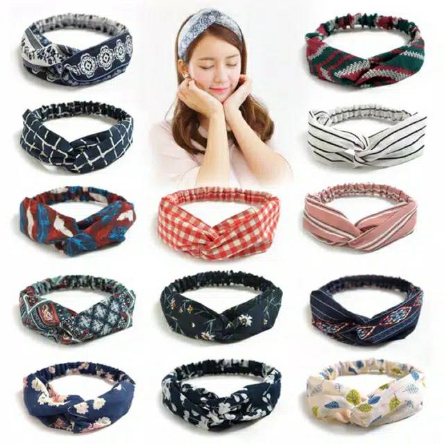 bandana kain motif korea-bando kain lentur-bandana bunga kembang