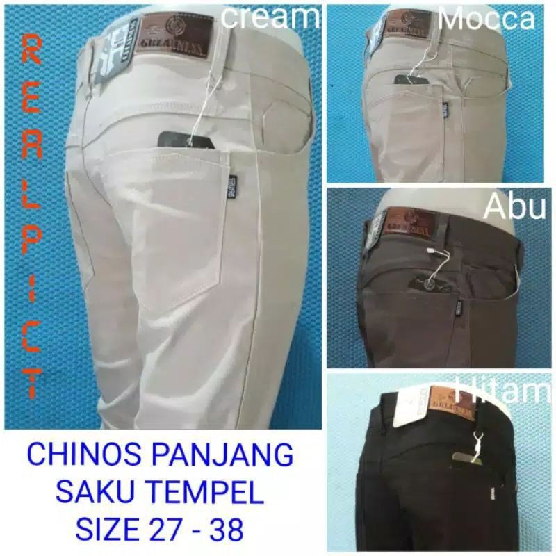 CELANA CHINO PANJANG PRIA SAKU TEMPEL MELAR ELASTIS SIZE 27-38 KWALITAS TERBAIK