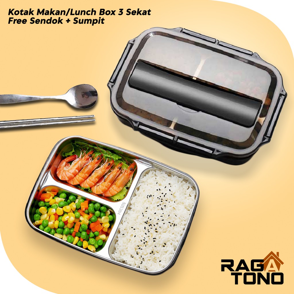 kotak makan anti tumpah   kotak bekal stainless 3 sekat korea  lunch box dengan sendok   sumpit