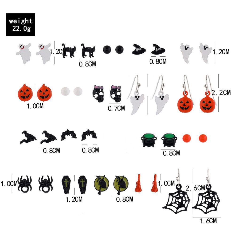 R-flower 20pasang Halloween Drop Anting Tren Perhiasan Pesta Hadiah Labu Kucing Hitam Tengkorak Penyihir Hallowmas Kostum Cosplay