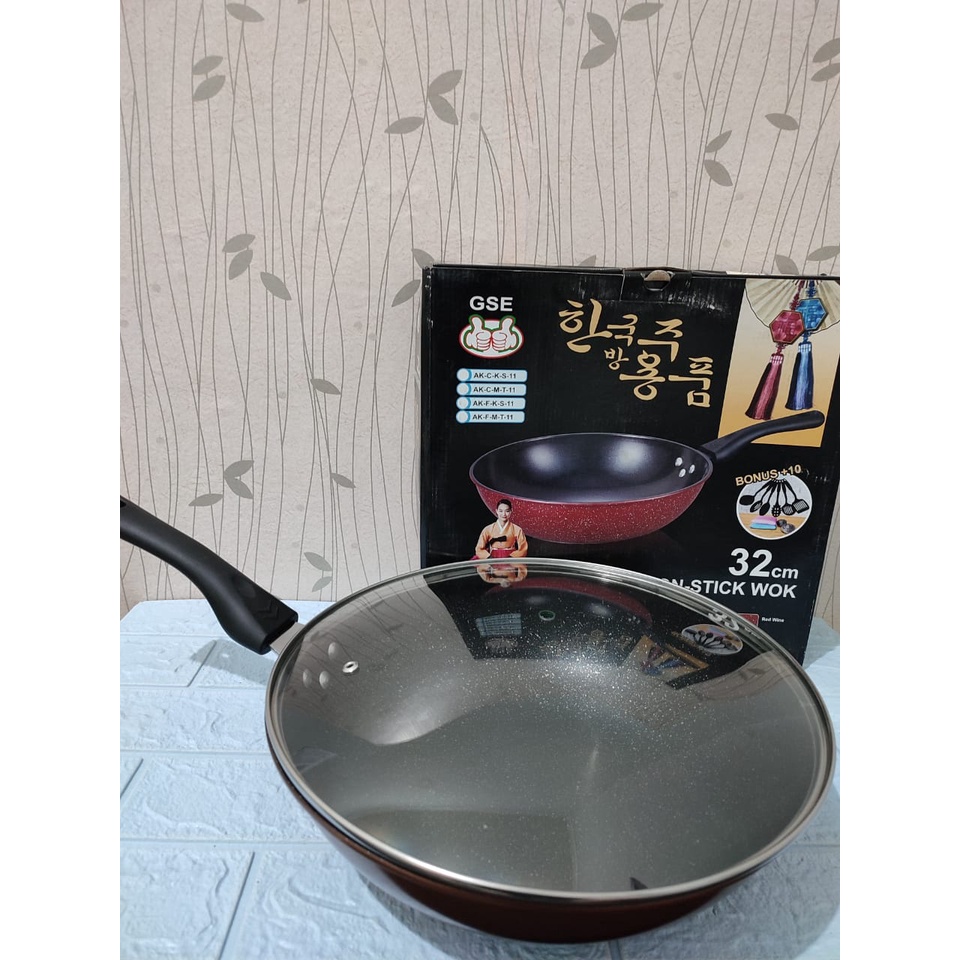 Wajan Wok Set Teflon Marble Anti Lengket+ Spatula Spons GSE 32 Cm / GSE Korean Wok Set 32 cm / Ename