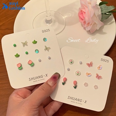 6 Pasang / Set Anting Stud Desain Bunga Tulip Kupu-Kupu Aksen Mutiara Warna-Warni Untuk Wanita