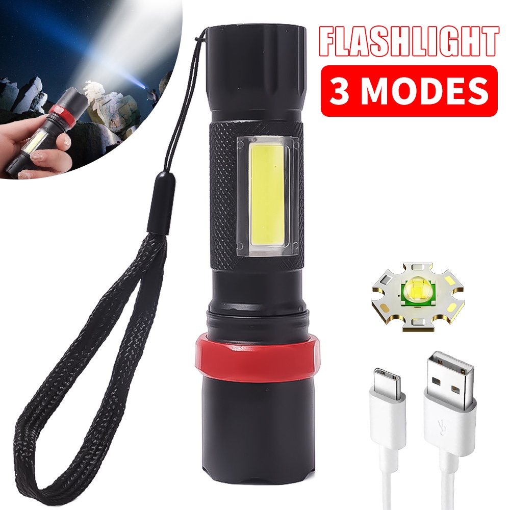 Lampu Senter COB LED USB Rechargeable 3 Mode Jarak Jauh Anti Air Portable Untuk Hiking / Camping