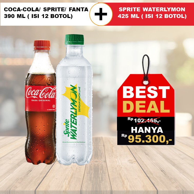 

PROMO PAKET COCA-COLA/SPRITE/FANTA 390ML DAN SPRITE WATERLYMON 425ML