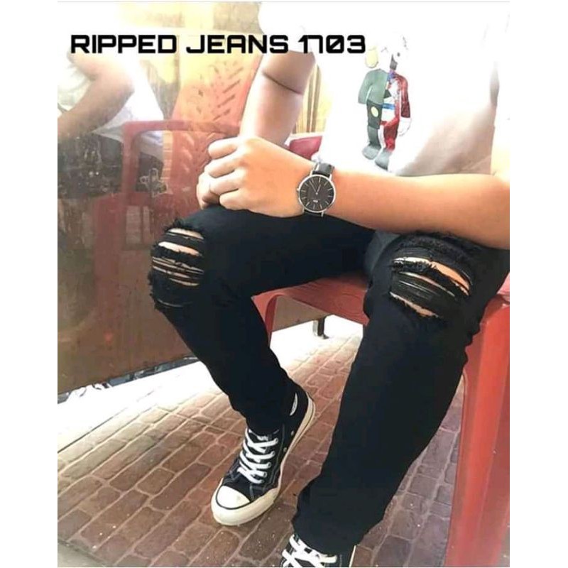 JEANS SLIMFIT SOBEK LUTUT/JEANS SOBEK PRIA/SLIMFIT HITAM SOBEK LUTUT/JEANS PANJANG/JEANS RIPPED
