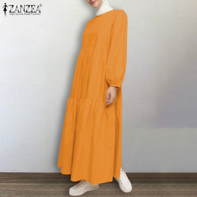 ZANZEA Women Solid Color Plus Size O Neck Retro Muslim Maxi Dress