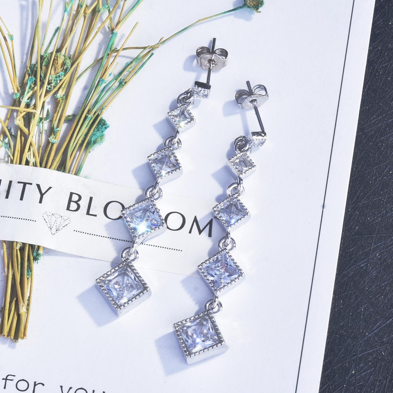 Fancyqube Anting Tusuk Gantung Panjang Silver 925 Desain Geometri Kotak Hias Zircon Aaa Untuk Wanita