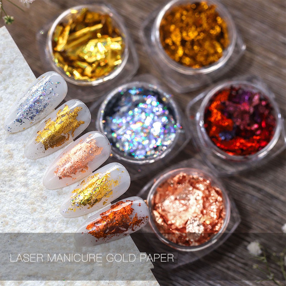 Mxbeauty Stiker Sequin Aluminum Foil Asimetris Ultra Tipis Multi Warna Emas / Silver 3d Dekorasi Nail Art Diy