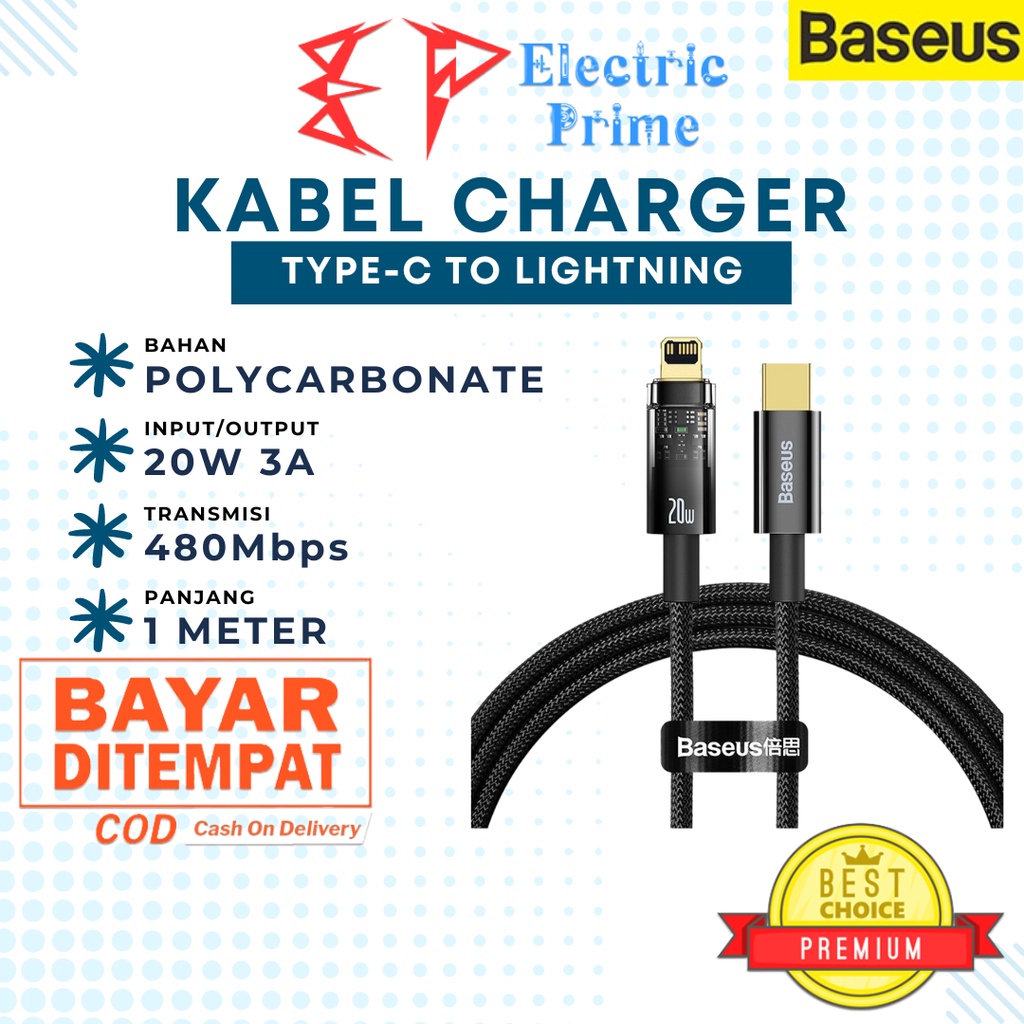 Kabel Charger Type C to Lightning PD 20W 7Pin Fast Charging BASEUS Cable Data 480Mbps Auto Power Off