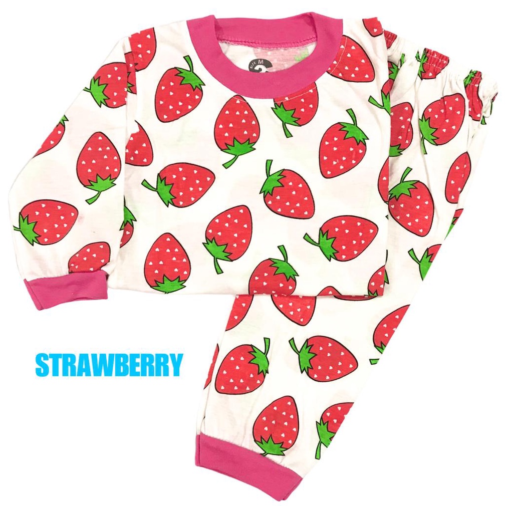 BAJU TIDUR ANAK KIDS PEREMPUAN/CEWEK PIYAMA PP PAJAMAS BAHAN KAOS KATUN STRAWBERRY