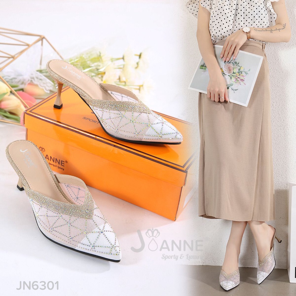 JOANNE Mules Heels Mutiara Glitter Pesta Shoes #JN6301 ORIGINAL