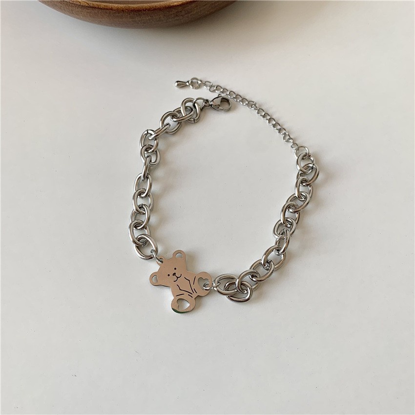 Gelang Rantai Bahan Titanium Steel Warna Silver Dengan Liontin Beruang Untuk Wanita