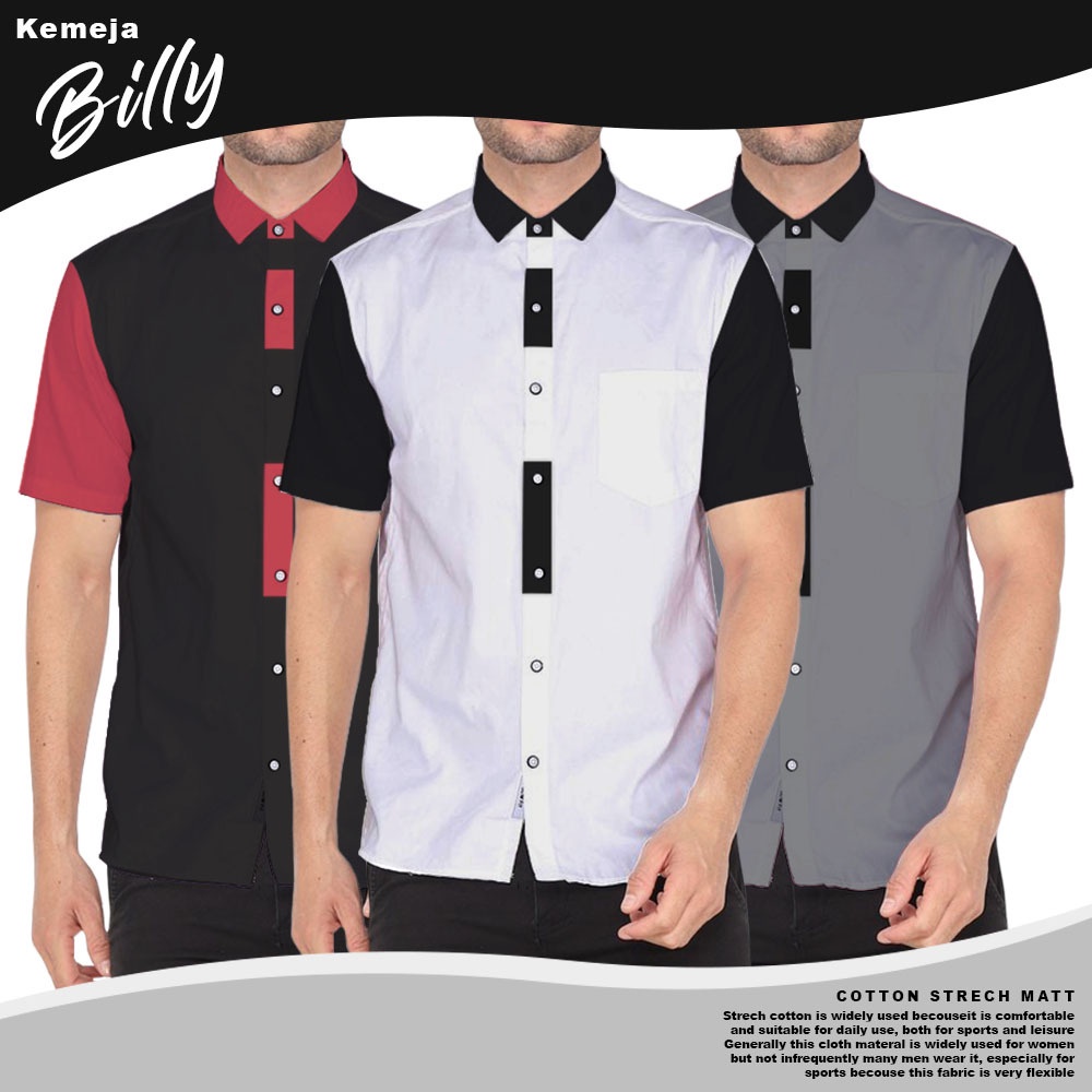 KEMEJA REMAJA BILLY LENGAN PENDEK FORMAL KASUAL INDONESIA BLACK WHITE GREY NAVY MAROON