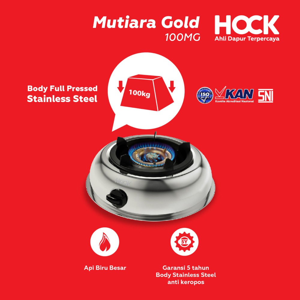 Kompor Hock Gas 1 Tungku Body Full Pressed Stainless Steel Mutiara Gold 100MG