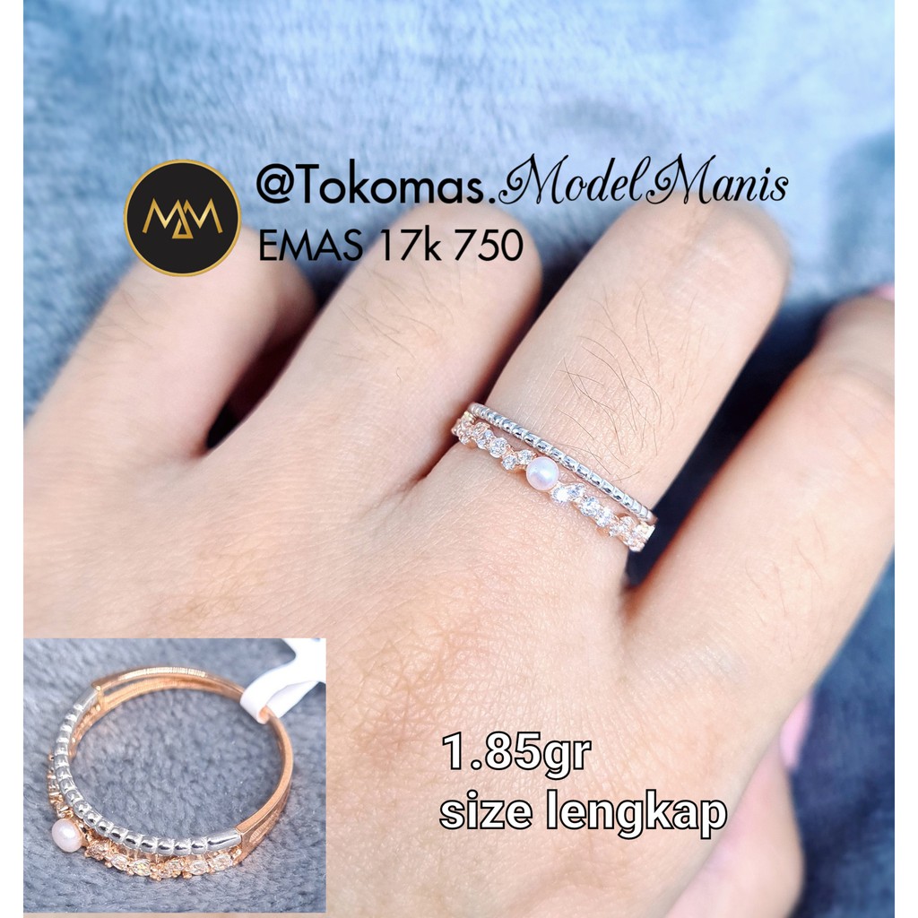 Cincin mutiara pearl double layer kombinasi emas putih rosegold 750 kadar 17k