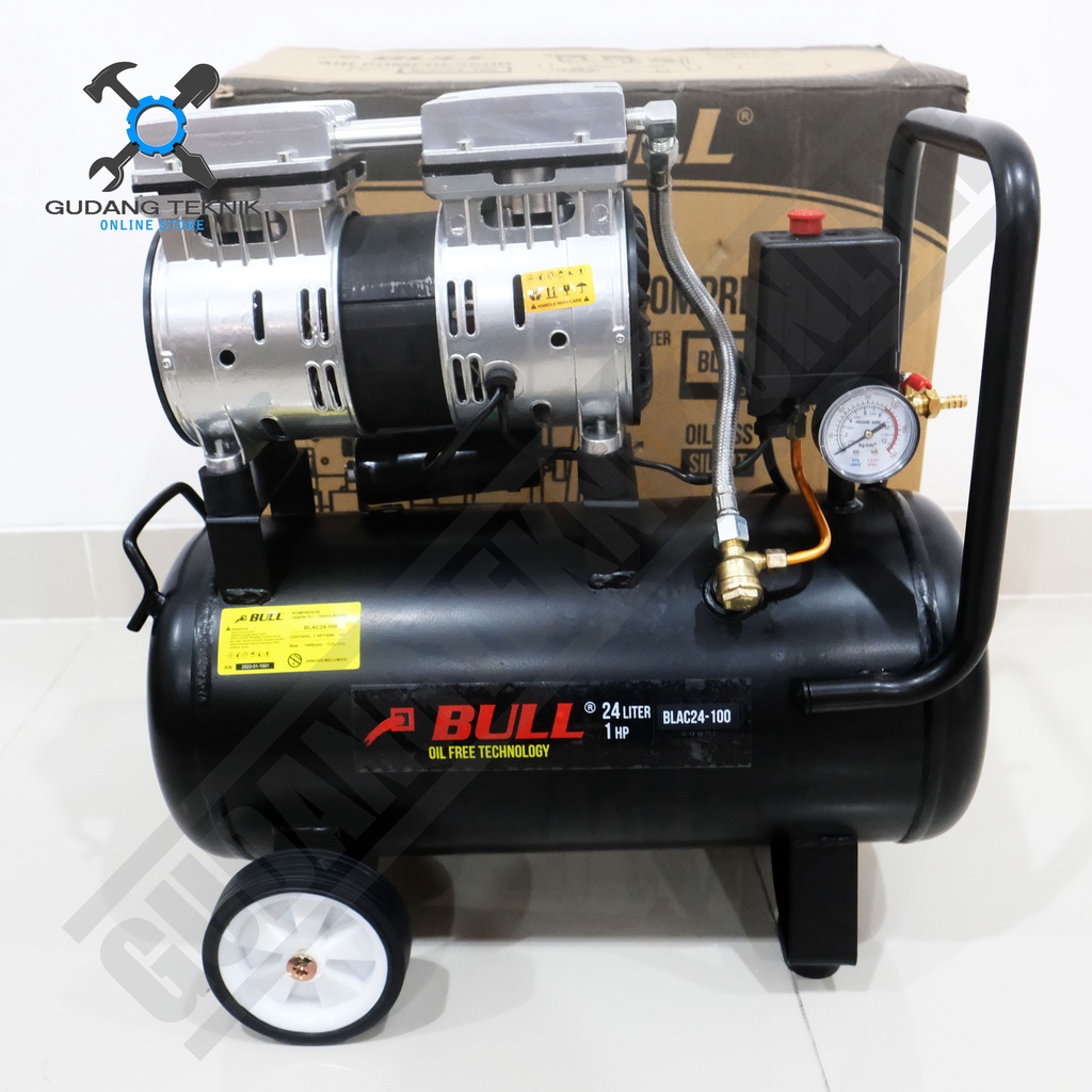 Kompresor Angin Tanpa Oli 24L BLAC24-100 BULL 1HP / Air Compressor Oilless BLAC 100 24 Liter BULL