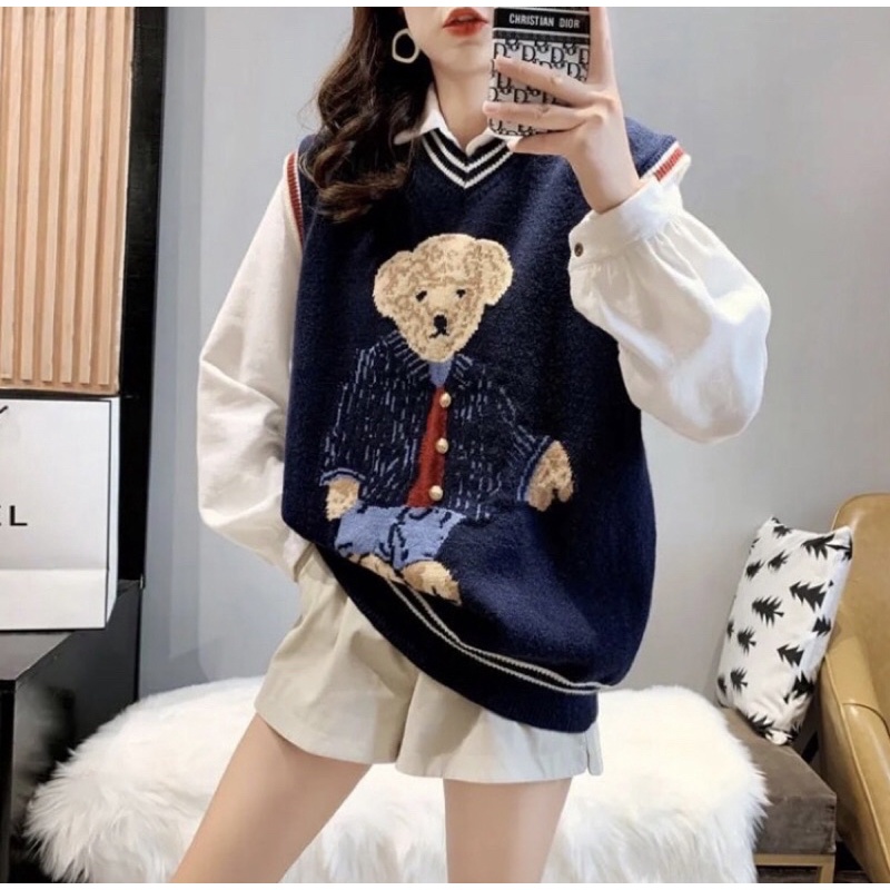 TEDDIE VEST | Rompi Wanita Vest Korea Premium Knit Import Murah Teddie Bear Beruang Navy