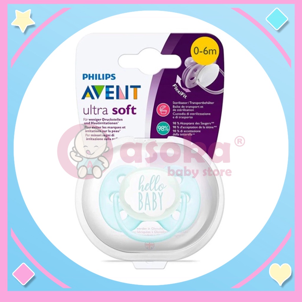 Philips Avent Soother Soft Boy Hello Baby 0-6m SCF522/01 - Empeng Dot Bayi ASOKA