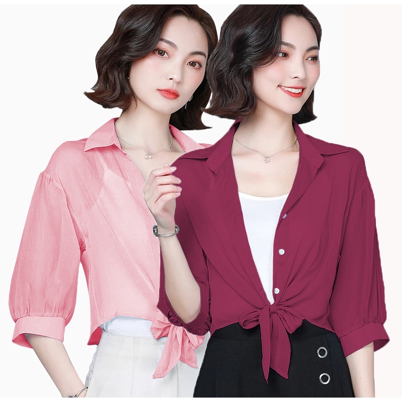 Kemeja Wanita Oversized Gaya Korea Lengan 3/4 Zhangle Kemeja Sifon - JCCollections