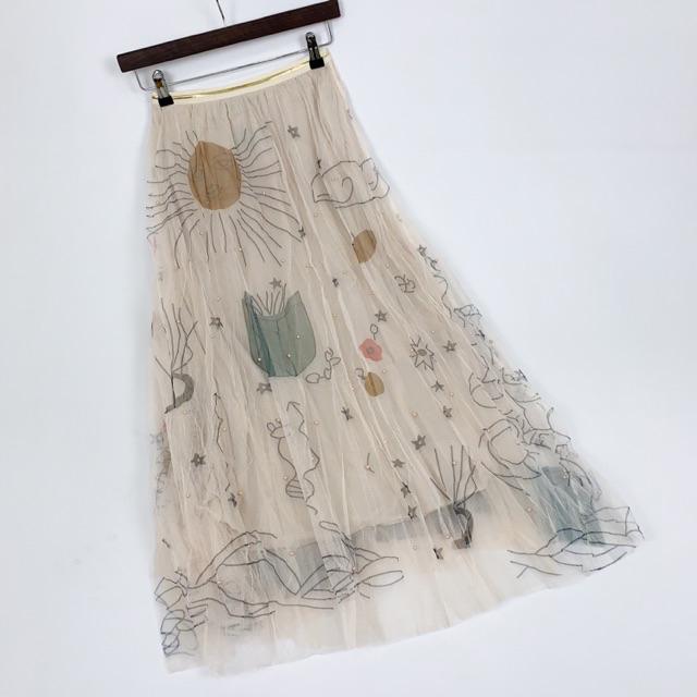 Rok Tutu Panjang Motif / Tutu Maxi Skirt Graffiti Printing Import 3 Layers - KLV Store-Cream