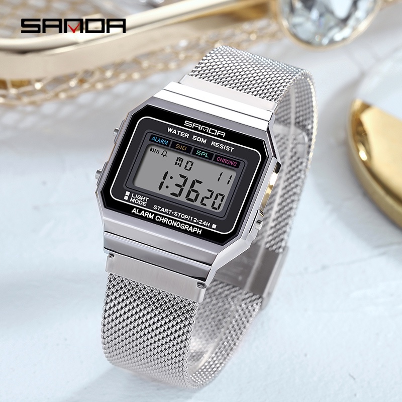 SANDA 6017 Jam Tangan Wanita Digital Sport EL Backlight Tali Stainless Shockproof Anti air WATCHKITE WKOS