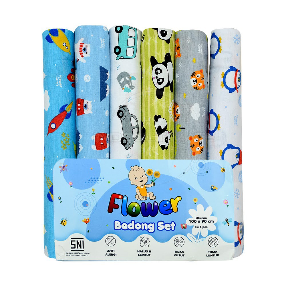 6 Pcs Kain Bedong Bayi Baru Lahir COTTON Print  BC-306 (100 x 90 cm) Selimut Bayi BC-307 (120 x 75 cm) Alas Tidur Bayi Kain Bedongan Bayi Motif Lucu Perlengkapan Tidur Bayi New Born