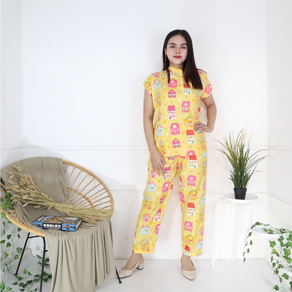 IZANY Piyama Dewasa Daily Set / One Set Aeon all size Lengan Pendek Allsize-HOUSE YELLOW