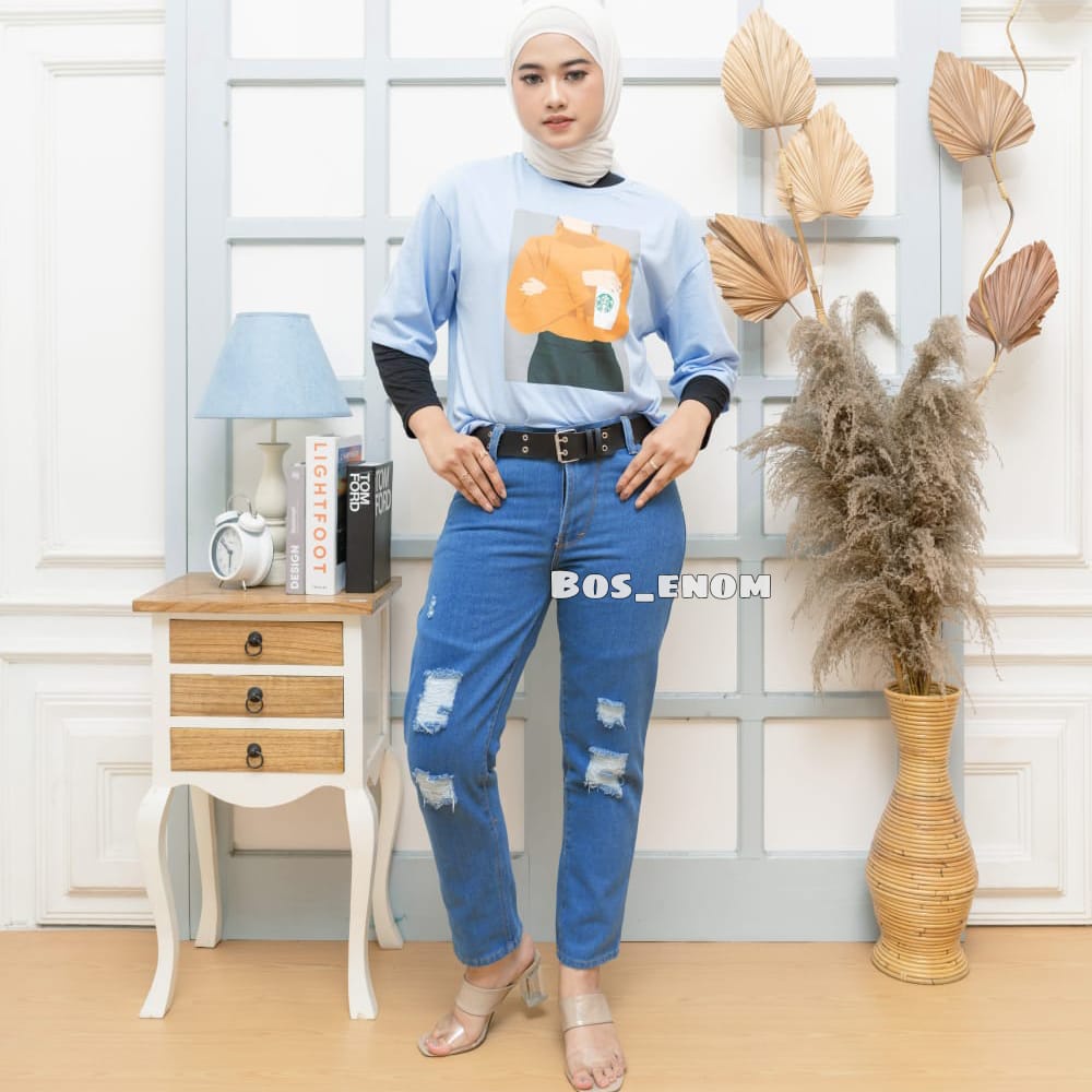 Gratis Ongkir Celana jeans wanita sobek dark blue sobek tidak terlihat ada lapisan furing celana jins high waist robek kekinian tiktok shop kekinian hijab ala korea viral tiktok 2022 murah cewek gendut  love imort celana jeans wanita ootd trend jens boyfr