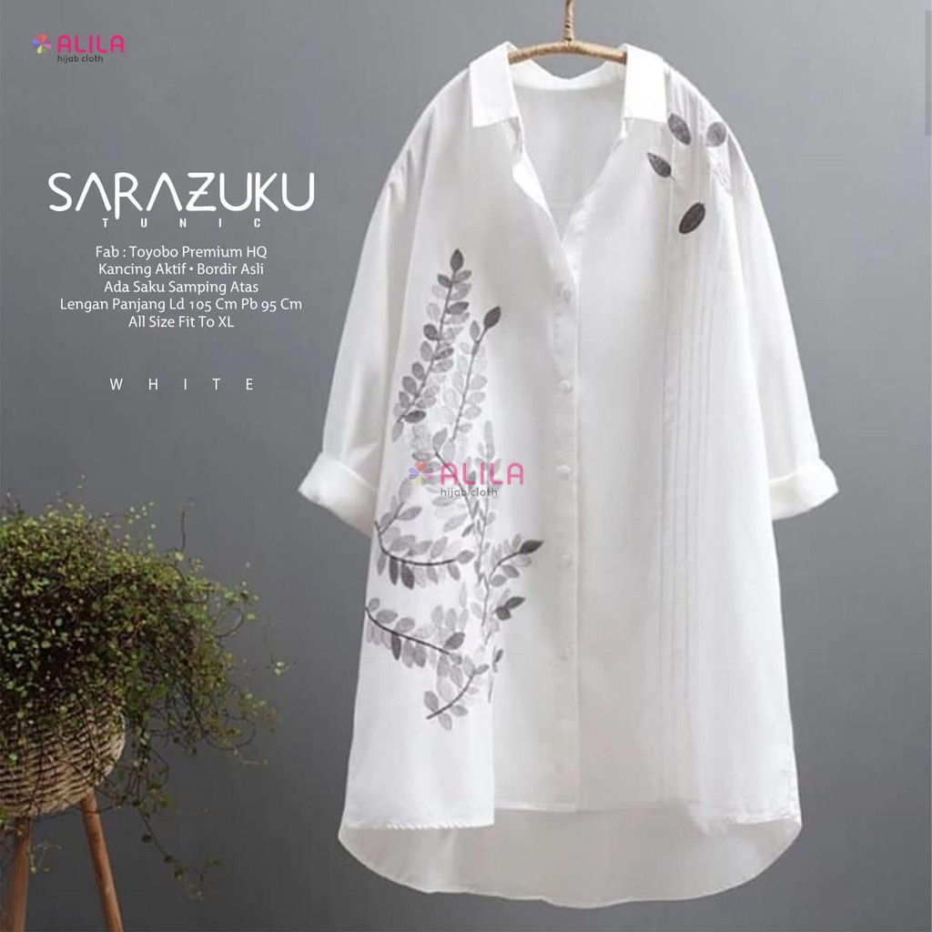 Fashion Sarazuku Tunik by ALILA bluse wanita toyobo putih bordir kancing depan lengan panjang