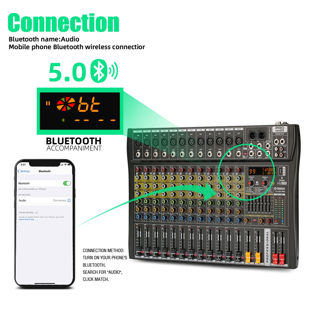 Pengaduk Audio Profesional  CT60S-PRO/CT80S-PRO-CT120S-PRO Efek 99DSP bawaan EQ equalizer 2-lapisan 7-band Mendukung pemutaran Bluetooth/USB/MP3