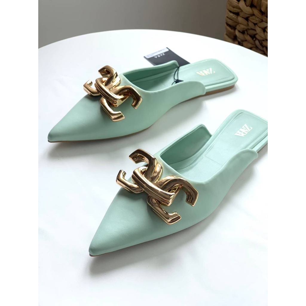 [7.7 Boombastis Sale⚡] - SEPATU WANITA ZS386 FLAT MULES BUCK DETAILS PREMIUM IMPORT