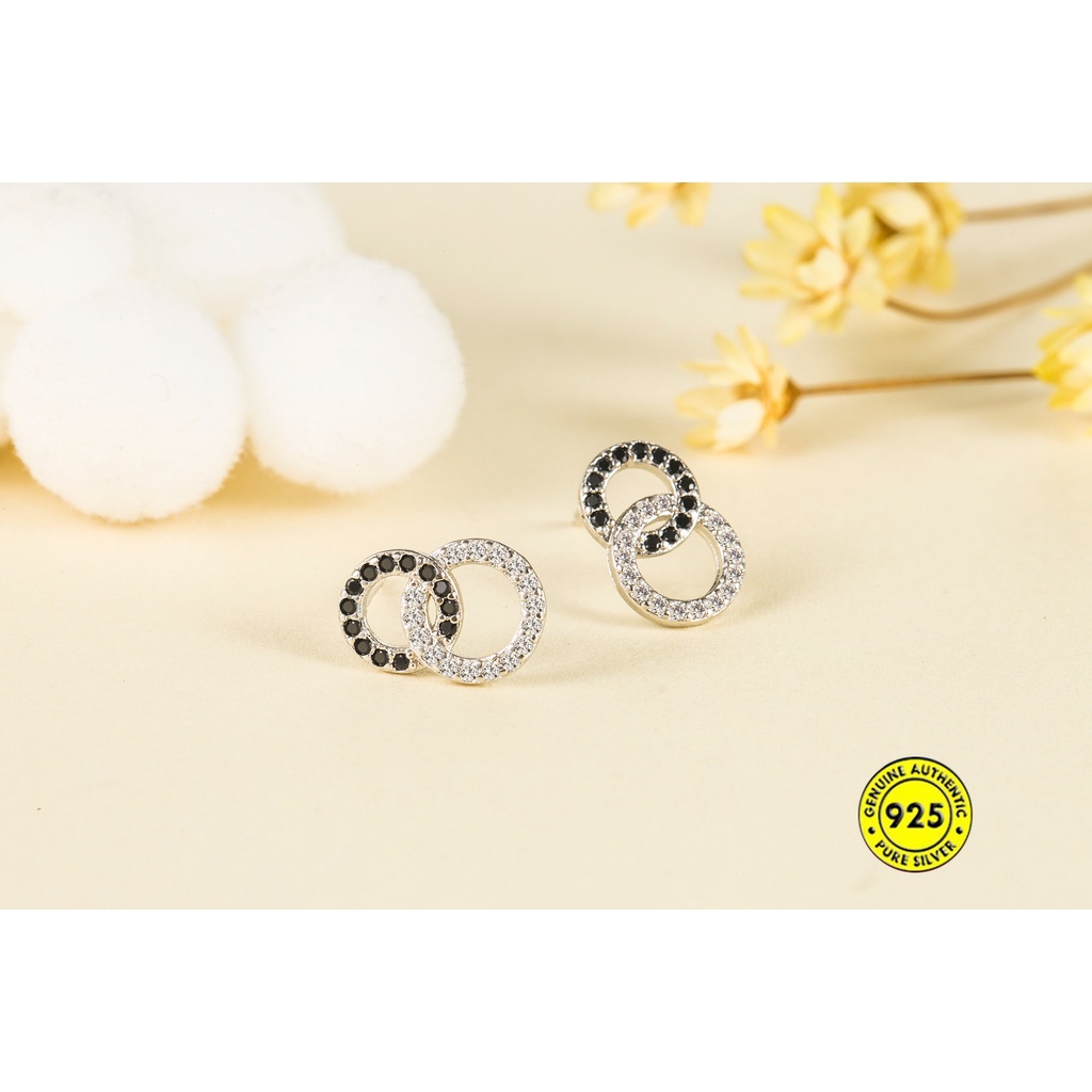 Anting Tusuk Sterling Silver 925 Desain Lingkaran Kecil Hias Zircon Hitam Putih Untuk Wanita