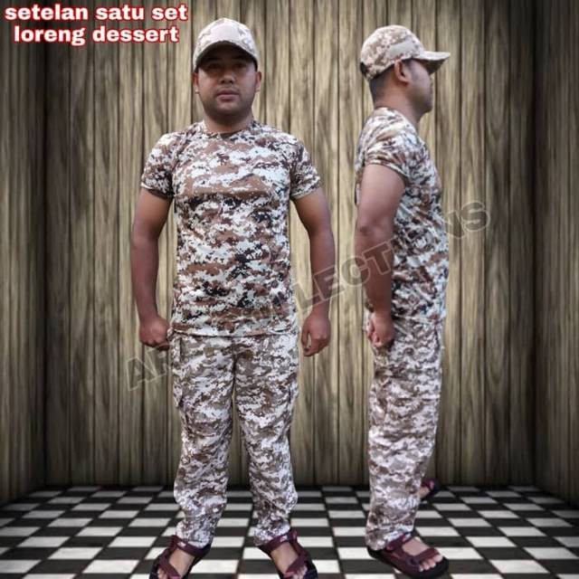 Setelan satu set celana kaos dan topi bdu loreng dessert/setelan army lapangan airsofter outdoor