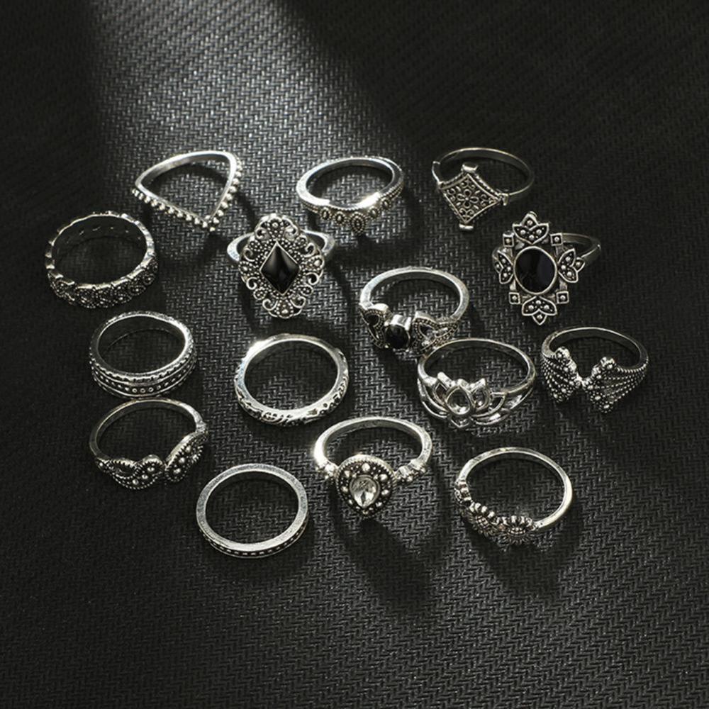 Timekey 15pcs / set Cincin Desain Bunga Matahari / Teratai / Geometri Hollow Hias Permata Hitam A6K6