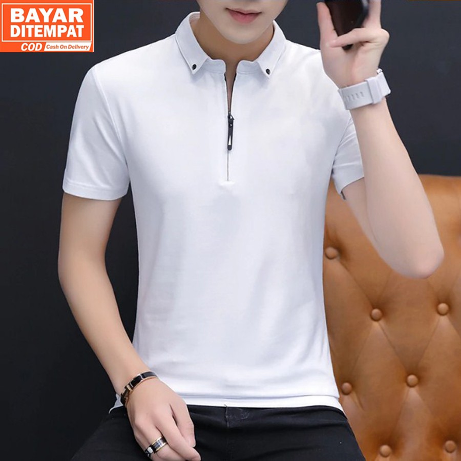 Kaos Polo Lengan Pendek Bahan Katun dengan Resleting untuk Pria - Elyon