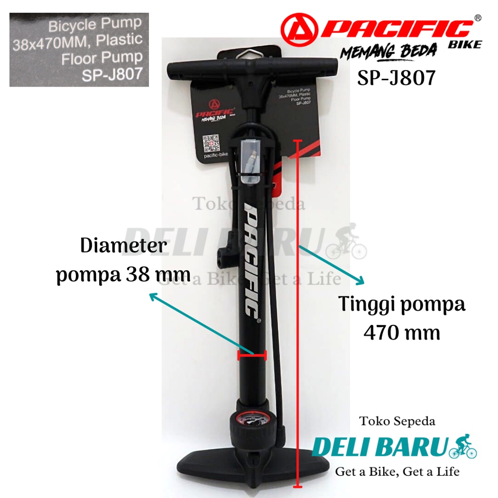 Pacific Pompa angin SP-J807 model meteran tengah sepeda dan motor pentil AV dan FV