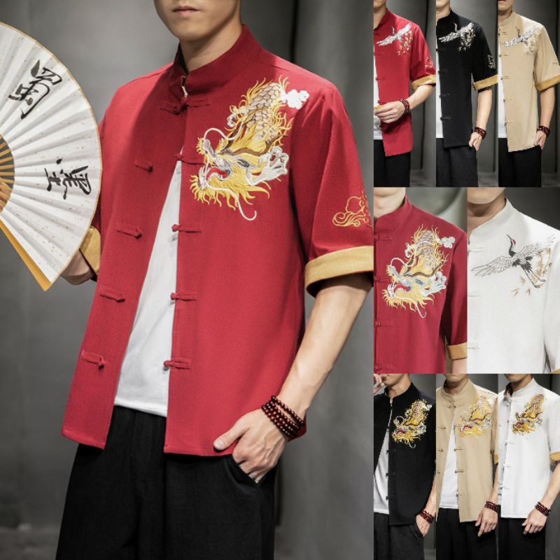 TC-24 M-5XL Baju atasan cheongsam pria impor bahan katun baju imlek kemeja pria motif naga cheongsam