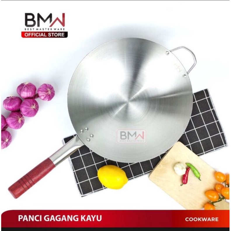 Wajan BMW Gagang Kayu Stainless Tahan Panas Panci Penggorengan Tebal Anti Lengket Kuali 34cm / wajan nasgor / wajan oseng oseng doubel tangkai