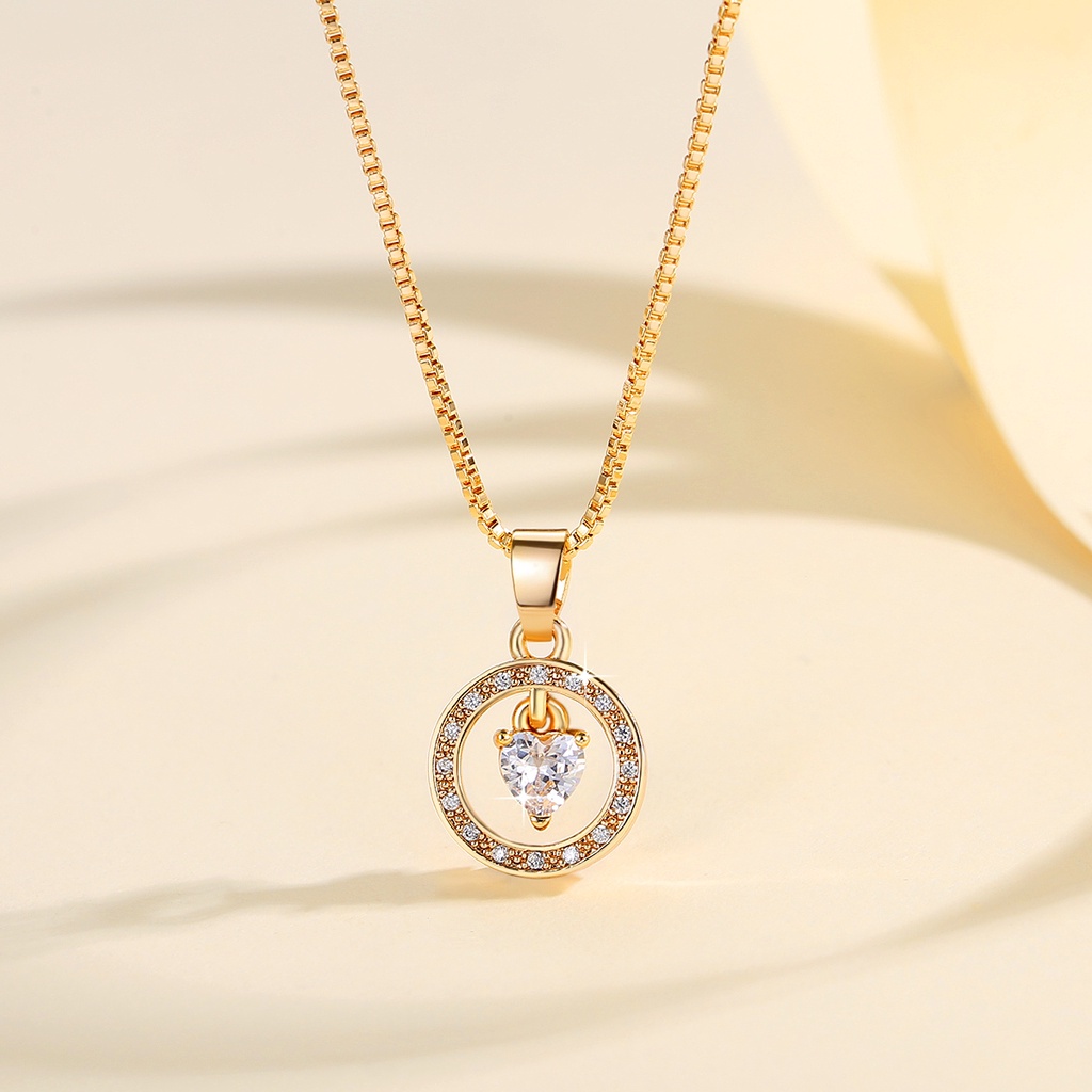 Y586 [COD✔]Kalung Wanita Titanium Stainless Steel Bulat Liontin Berlian Klavikula Rantai Aksesoris Fashion Kalung Emas